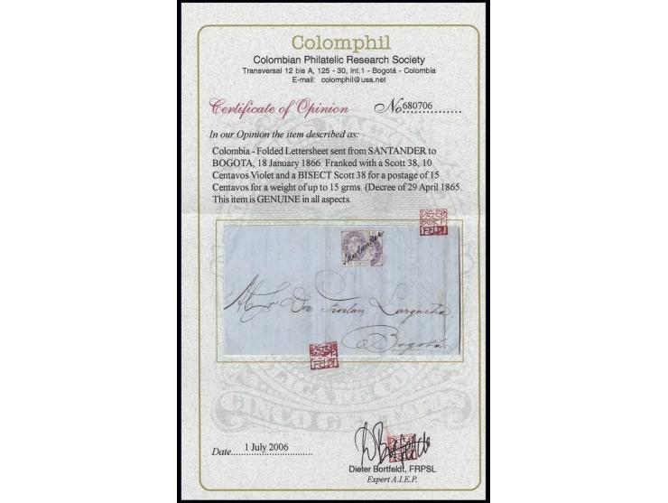 Columbian Airmail: 1865, 10 c. violet, vertical bisect and normal stamp, tied by manuscript "Santander" to entire letter 18.1