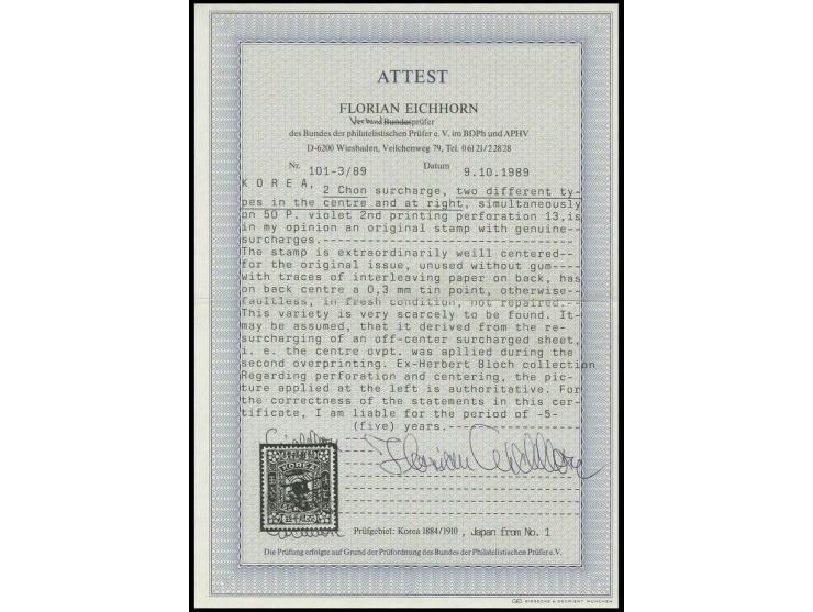 1902, surcharge issue: 2 ch. on 50 p. lilac with double overprint in 2 different types, unused in fresh colour and well cente