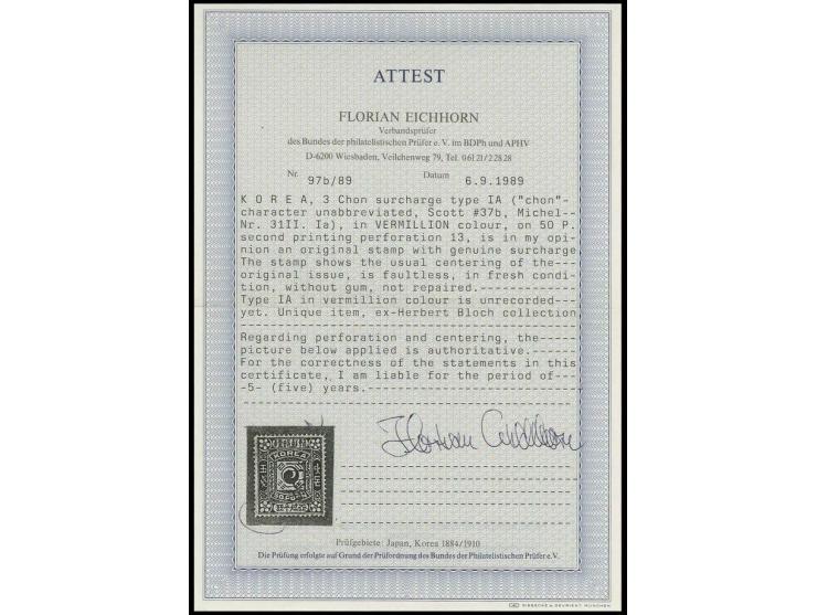 3 ch. on 50 p. 2nd printing with surcharge in vermilion, unused in very fine and fresh condition, according to certificate Ei