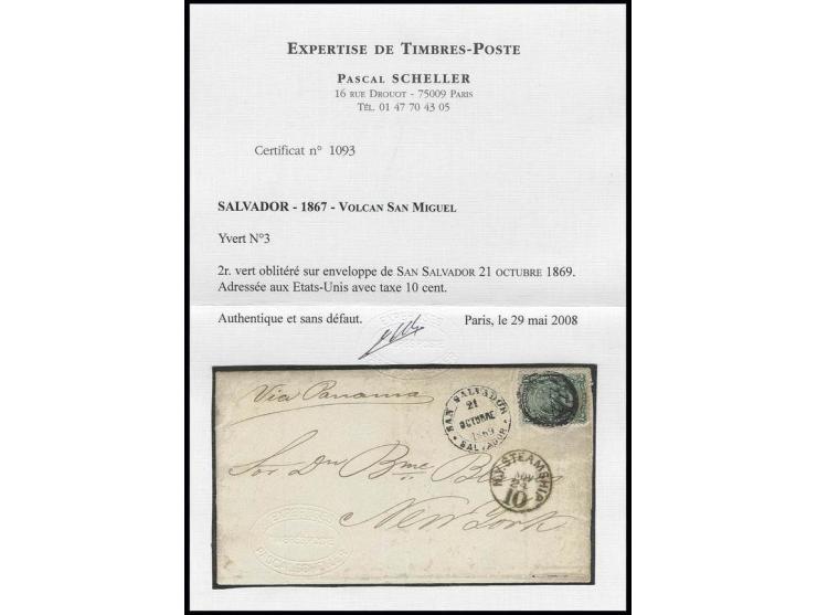 1867, 2 r. green, tied by mute cancel to entire letter from "SAN SALVADOR 21 OCTOBRE 1869" to New York with manuscript "Via P