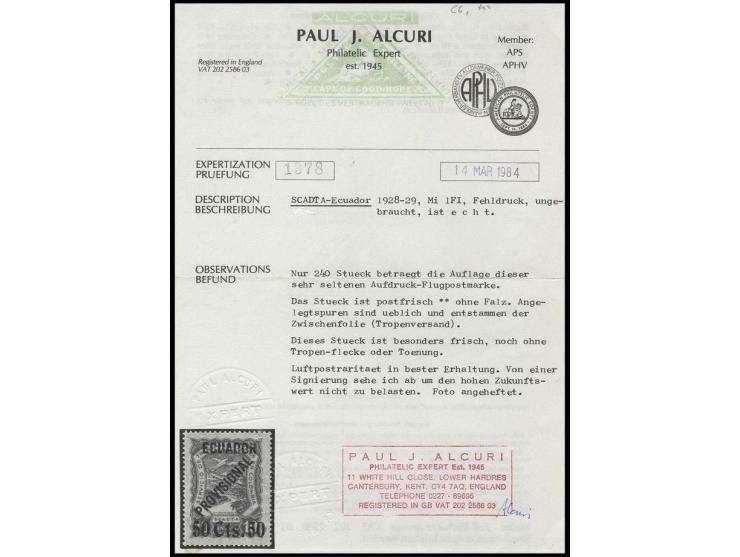 ISSUE FOR ECUADOR:  50 Cts. 50 on 10 c. green, unhinged mint, very fine, a scarce stamp, certificate Alcuri (Scott-no. C6; Mi