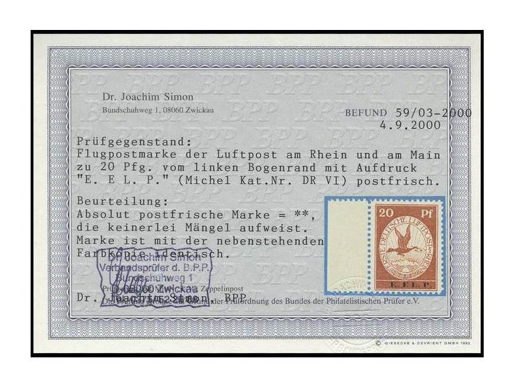 20 Pfg., postfrisches linkes Randstück, Kabinett, Fotobefund Dr. Simon BPP (Mi. 450,-)