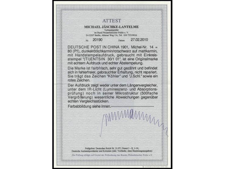80 Pfg., sauber gestempelt "(TI)ENTSIN 30/1 01", Kabinett, u.a. sign. Köhler und Fotoattest Jäschke-L. BPP