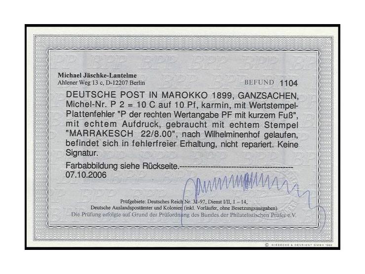 GANZSACHEN: 1899, Karte 10 C. auf 10 Pfg. mit Plattenfehler "P von PF. mit kurzem Fuß" mit Stempel "MARRAKESCH (MAROCCO) DP 2