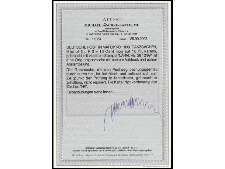 "LARACHE (MAROCCO) DP 26.12.99", klar in violett auf Ganzsachenkarte 10 C. auf 10 Pfg. mit Text nach Tanger mit Ankunftsstemp