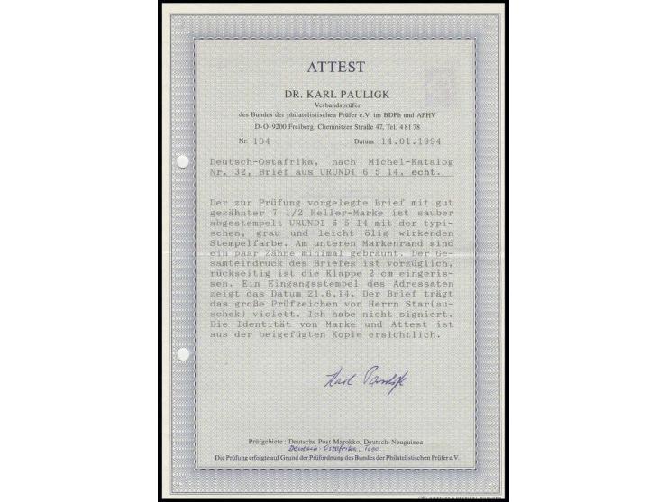 "URUNDI DEUTSCH-OSTAFRIKA 6 5 14" sauber auf 7½ H. auf Brief nach Kreiensen, Marke am unteren Zähnungsrand minimal stockig, K