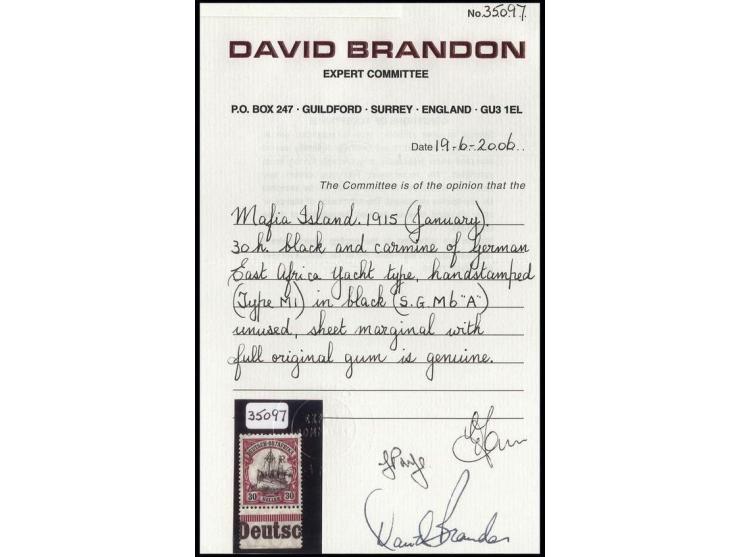 auf 30 H., Unterrandstück, postfrisch, kleine Zahnunebenheiten, unsigniert mit Fotoattest Brandon und BPA (SG M6A) ex Dr. Rue