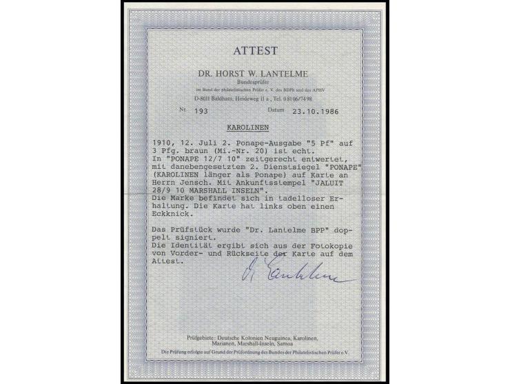 5 Pf. auf 3 Pfg. mit Stempel "PONAPE 2/7" auf Orts-Karte, Karte Eckbug oben links sonst in guter Erhaltung, Fotoattest Lantel