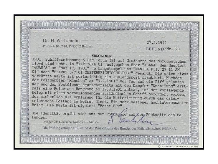 5 Pfg. (2) mit Stempel "YAP KAROLINEN 26.4.01" auf Postkarte (unten etwas verkürzt) mit Leitstempel "AGANA, GUAM" via Manila 