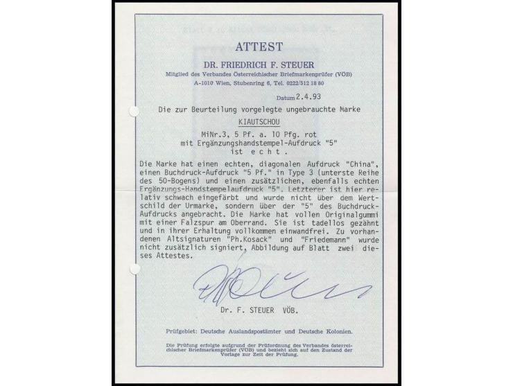 5 Pf. auf 10 Pfg. (Überdruck in Type 3) mit zusätzlichem Handstempel "5", farbfrisch und gut gezähnt, sauber ungebraucht, Kab