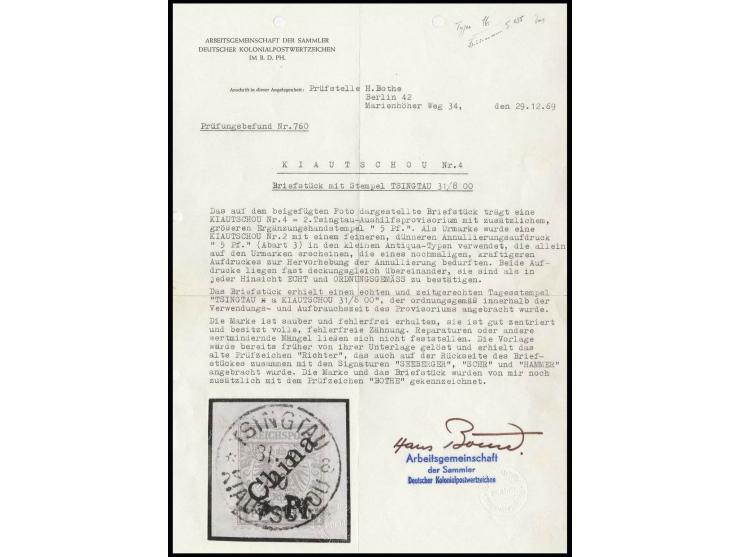 5 Pf. auf 10 Pfg. mit zusätzlichem Ergänzungsaufdruck "5 Pf." in größerer Type, sauber mit Stempel "TSINGATU KIAUTSCHOU 31/8 