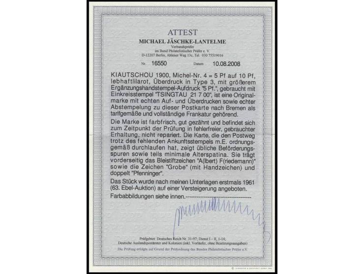 5 Pf. auf 10 Pfg. mit zusätzlichem Ergänzungsaufdruck "5 Pf." in größerer Type, mit Stempel "TSINGTAU a 21 7 00" auf Ansichts