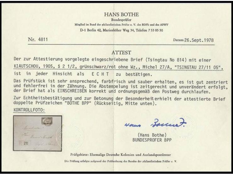 2½ $ auf überfrankiertem Einschreibe-Brief von "TSINGTAU KIAUTSCHOU 27.11.05" nach Köln mit Ankunftsstempel, Umschlag minimal