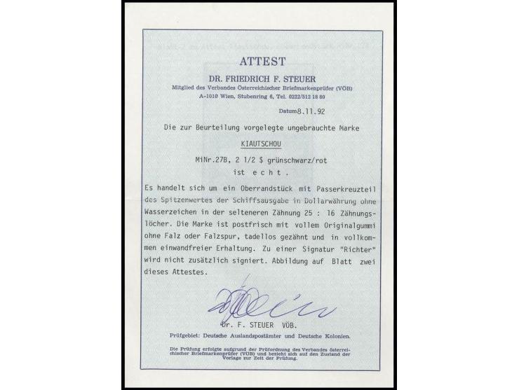 Zähnung B, 2½ $., Oberrandstück mit Passerkreuz, postfrisch, Kabinett, Fotoattest Steuer VÖB ex Dr. Rueger