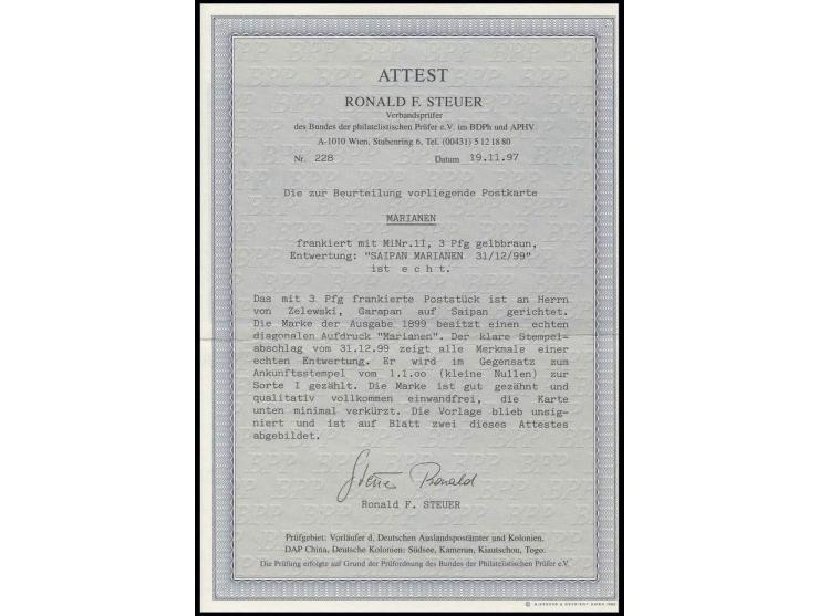 3 Pfg. mit klarem Stempel "SAIPAN 31/12 99" auf unten minimal verkürzter Ortskarte, Kabinett, Fotoattest Steuer BPP