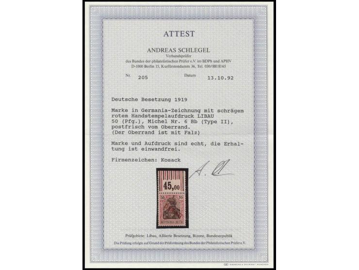 roter Aufdruck: 50 Pfg., Oberrandstück, postfrisch bzw. Falzrest im Oberrand, Kabinett, sign. Kosack und Fotoattest A. Schleg
