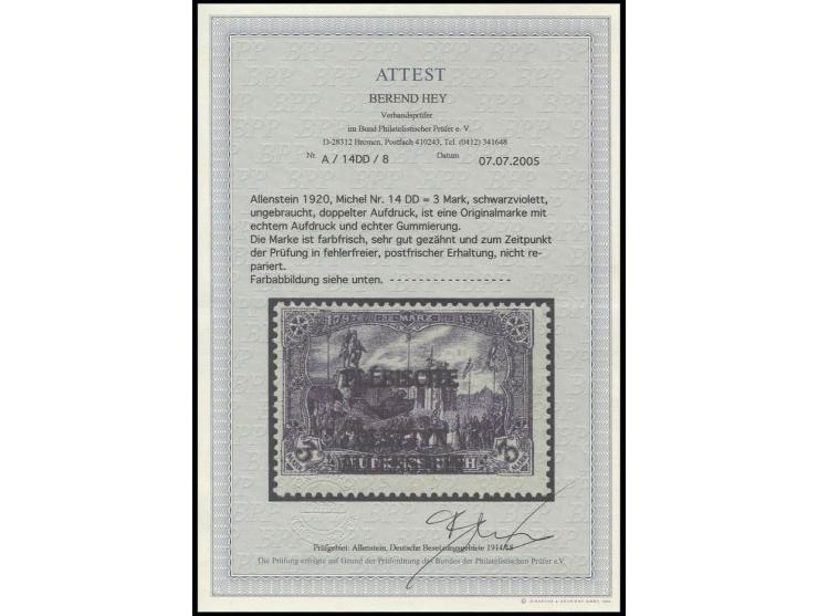 Allenstein: 1920, 3 M. mit klarem Doppelaufdruck, postfrisch, Kabinett, Fotoattest Hey BPP (Mi. 800,-)