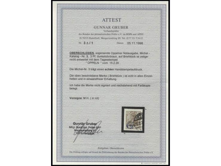 Oberschlesien: Oppelner Notausgabe: 1920, 3 Pfg. mit Stempel auf kleinem Briefstück, Kabinett, Fotoattest Gruber BPP