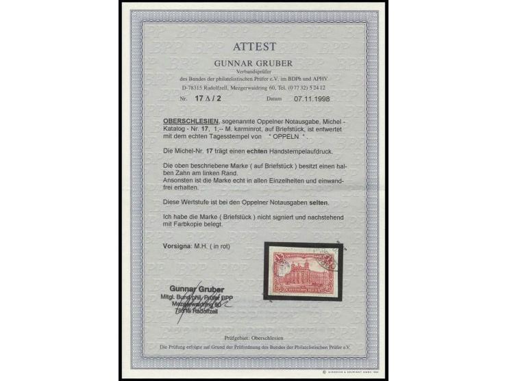 1 M. mit Stempel auf kleinem Briefstück, Pracht, Fotoattest Gruber BPP