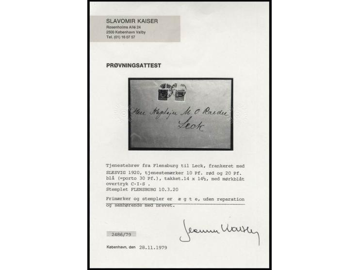 SCHLESWIG: 1920, 10 und 20 Pfg. mit Stempel "FLENSBURG 10.3.20" auf größerformatigem, rechts etwas umgefalteten Briefkuvert n