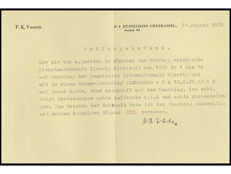 2½ Pfg.-10 M. kpl., jeweils sauber gestempelt "FLENSBURG 10.2.20" auf Vordruckumschlag der Kommission, Pracht, doppelt sign. 