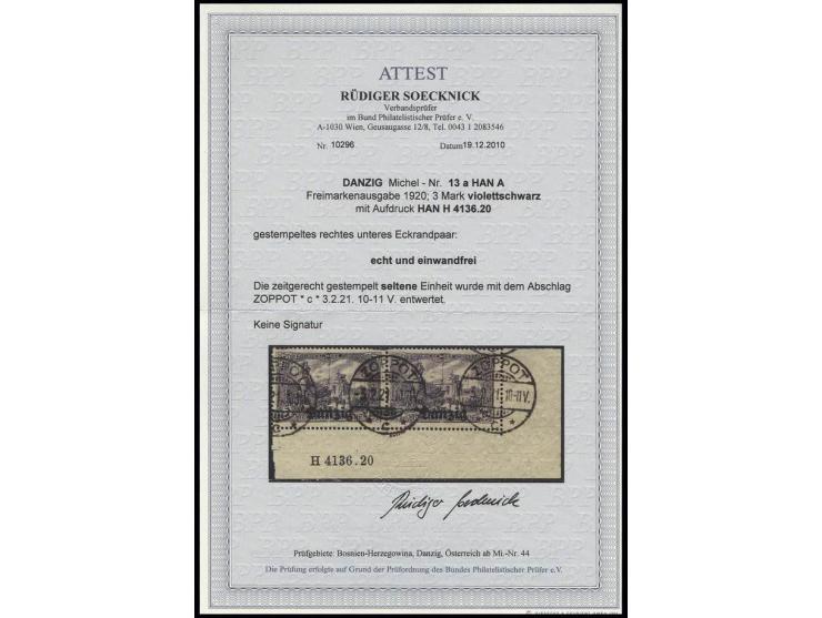 3 M. violettschwarz, rechtes unteres Eckrandpaar mit Aufdruck HAN H4136.20, gestempelt "ZOPPOT 3.2.21", selten, Fotoattest So