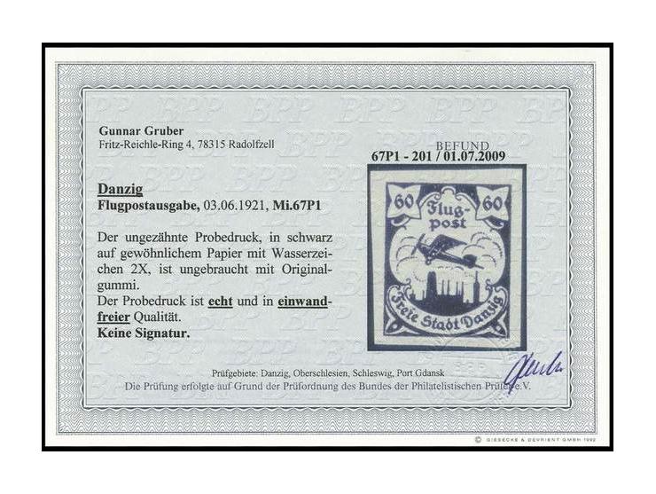 1921, Flugpost 60 Pfg., Probedruck: in schwarz auf gewöhnlichem Papier, ungebraucht, Pracht, Befund Gruber BPP