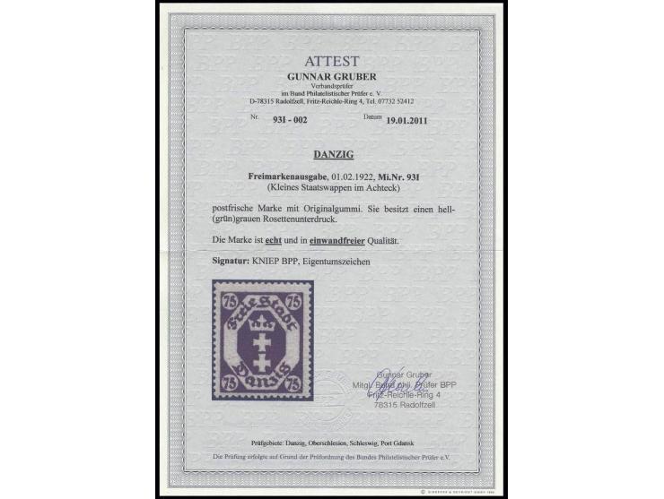 1922,  Wappen 75 Pfg. mit Rosettenunterdruck, postfrisch, Kabinett, u.a. sign. Kniep BPP und Fotoattest Gruber BPP ex Dr. Rue