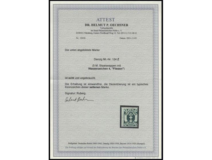 Wappen 5 M. mit Wasserzeichen "Fliesen", üblich dezentriert, sauber ungebraucht, Kabinett, Fotoattest Oechsner BPP ex Dr. Rue
