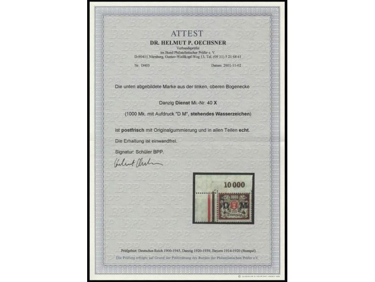DIENSTMARKEN: 1923, 1000 M. aus der linken oberen Bogenecke, mit stehendem Wasserzeichen, postfrisch, Kabinett, sign. Schüler