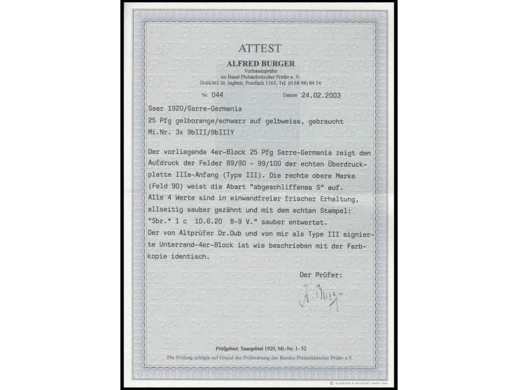 Type III: 25 Pfg. gelborange im Unterrand-4er-Block, dabei rechte obere Marke mit Abart "abgeschliffenes S", sauber gestempel