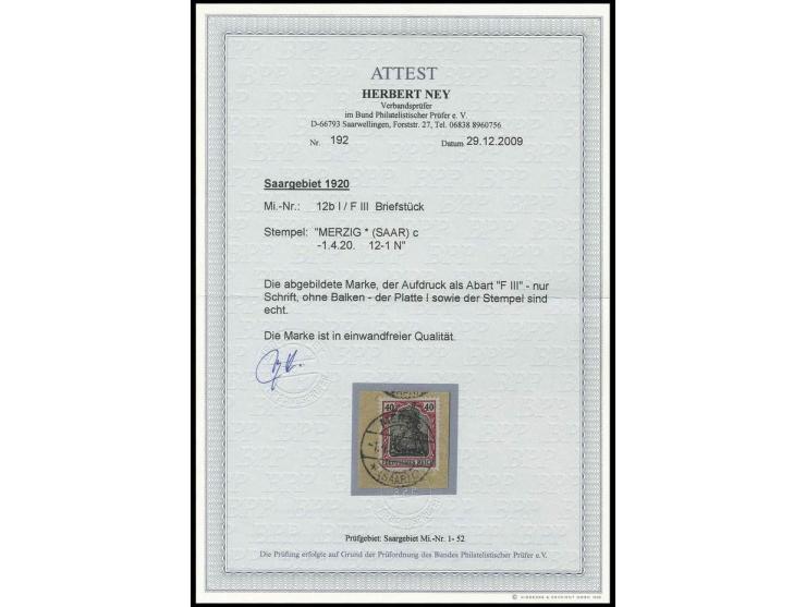 40 Pfg. mit Aufdruckabart "nur Schrift", mit Stempel "MERZIG 1.4.20" auf Briefstück, Pracht, Fotoattest Ney BPP (Mi. nicht ge
