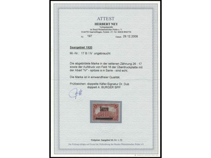 1 M. gezähnt 26:17 mit Aufdruckfehler "spitzes a", ungebraucht, mehrfach sign. und Fotoattest Ney BPP (Mi. 3.000,-)