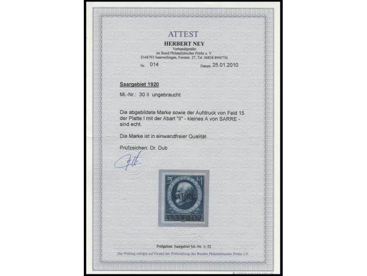 5 Pfg.-5 M., dabei 5 M. mit Abart "kleines A" sowie 15 und 60 Pfg. jeweils in 2 Farben, 2 und 5 M. ungebraucht, sonst postfri