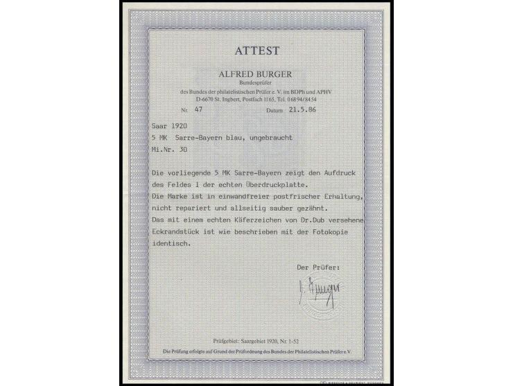 5 M., linkes oberes Eckrandstück, zwischen Oberrand und Marke gefaltet, postfrisch, Pracht, sign. Dr. Dub (Käferzeichen) sowi