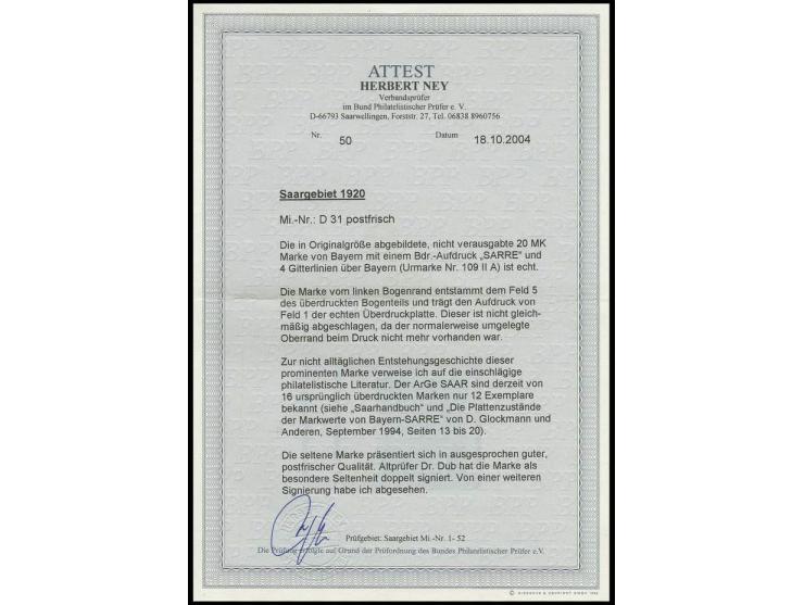 20 M. dunkelbraun, linkes Randstück von Feld 5 des überdruckten Bogenteils (= Aufdruckfeld 1 der Überdruckplatte) postfrisch 