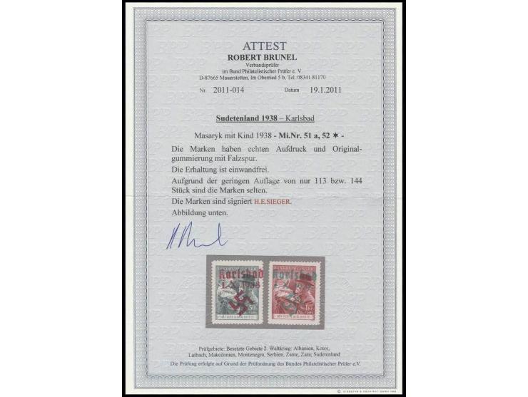 Masaryk mit Kind 50 h. und 1 Kc., sauber ungebraucht, Kabinett, sign. H.E. Sieger und Fotoattest Brunel BPP ex Dr. Rueger
