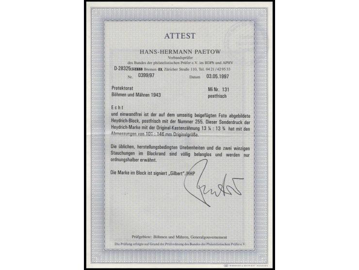 1943, Heydrichblock mit Nr. "255", postfrisch in hervorragender Erhaltung (zwei winzige Stauchungen im Blockrand sind völlig 