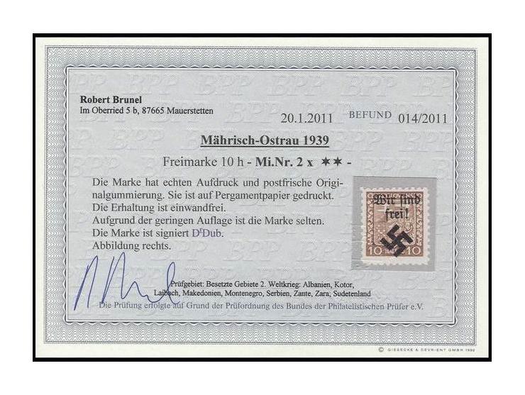 MÄHRISCH-OSTRAU: 1939, 10 H. auf Pergamentpapier, postfrisch, sign. Dr. Dub und Befund Brunel BPP ex Dr. Rueger
