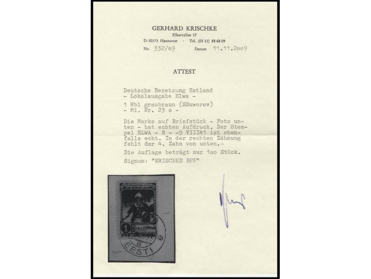 Suworow 1 Rbl. mit sauberem Stempel "ELVA -9 VIII 41" auf Briefstück, rechts ein fehlender Zahn, Auflage nur 100 Stück, u.a. 