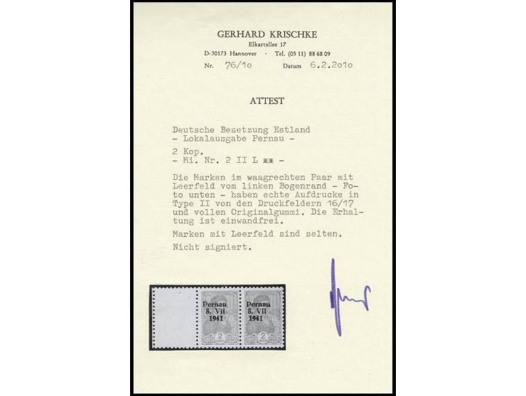 Pernau: Type II: 1941, 2 K. im waagerechten Paar mit kpl. Leerfeld links, postfrisch, Kabinett, unsign. mit Fotoattest Krisch