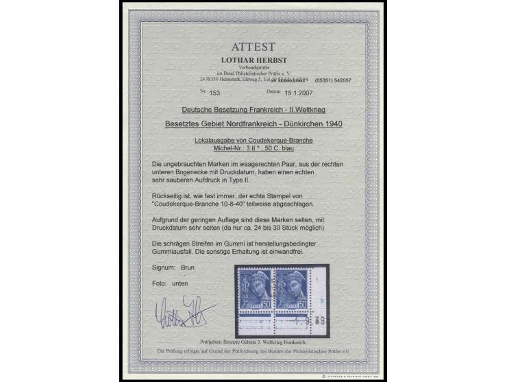 Type II: 50 C. blau aus der rechten unteren Bogenecke mit kpl. Druckdatum, postfrisch mit herstellungsbedingten gummifreien S