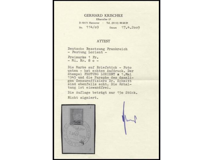 1 Fr. mit Stempel "FESTUNG LORIENT ZENSUR 1.MAI.1945" auf Briefstück (Marke zur Kontrolle gelöst und nicht korrekt replaziert