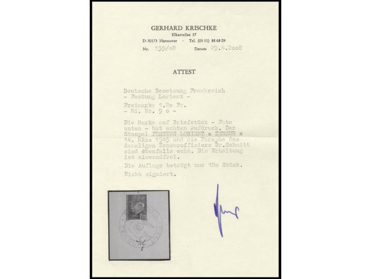 1.20 Fr. mit Stempel "FESTUNG LORIENT ZENSUR 14. März 1945" auf Briefstück, nebengesetzt die Paraphe des Zensuroffiziers Dr. 