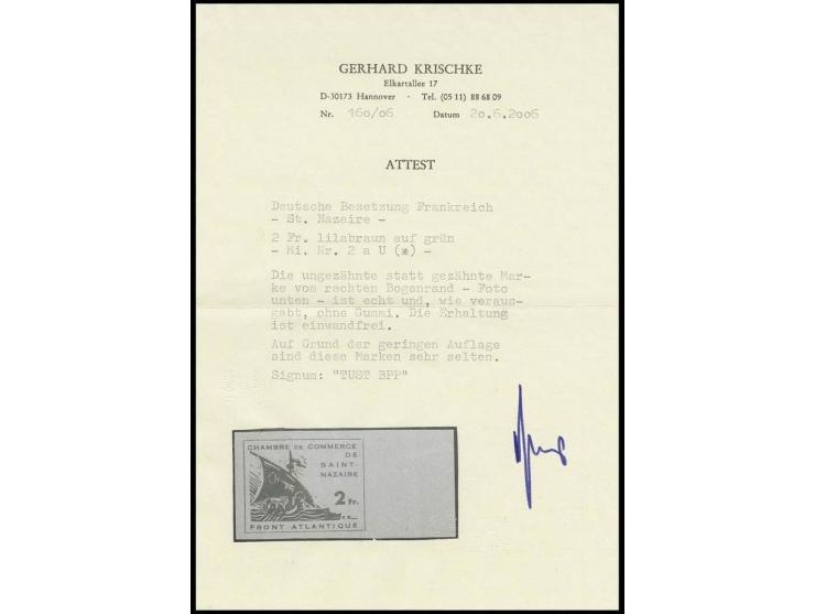 1945, Handelskammer 2 Fr., ohne Gummi, ungezähntes rechtes Randstück, sign. Tust BPP und Fotoattest Krischke