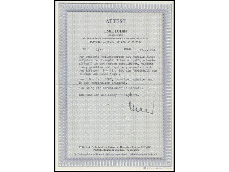 1943, Hoheitsadler über Burg Krakau, vier Marken in rosaviolett, violettblau, graublau und blau ohne Wertangabe auf Vorlageka
