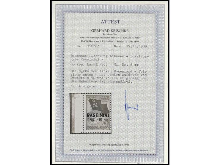 80 K. karmin mit linkem Bogenrand, postfrisch, Fotoattest Krischke BPP ex Dr. Rueger