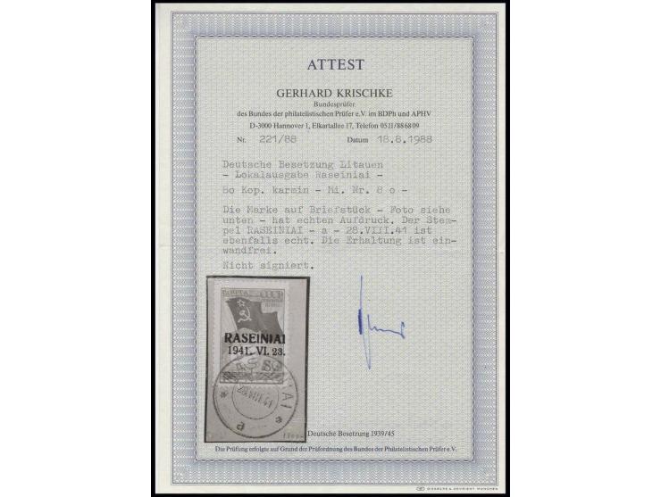 80 K. karmin, mit Stempel "RASEINIAI 28.VIII.41" auf Briefstück, Kabinett, Fotoattest Krischke BPP