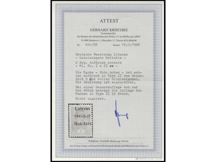 Rokiskis: 1941, Aufdruck schwarz: Unverausgabte 2 K. mit schwarzem Aufdruck in Type II, postfrisch, Kabinett, Fotoattest Kris