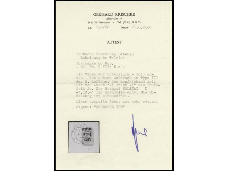 60 K. mit kopfstehendem Aufdruck von Feld 20 mit Abart "Vi statt VI", mit Stempel "TELSIAI -1.XI.41" auf Briefstück, Kabinett